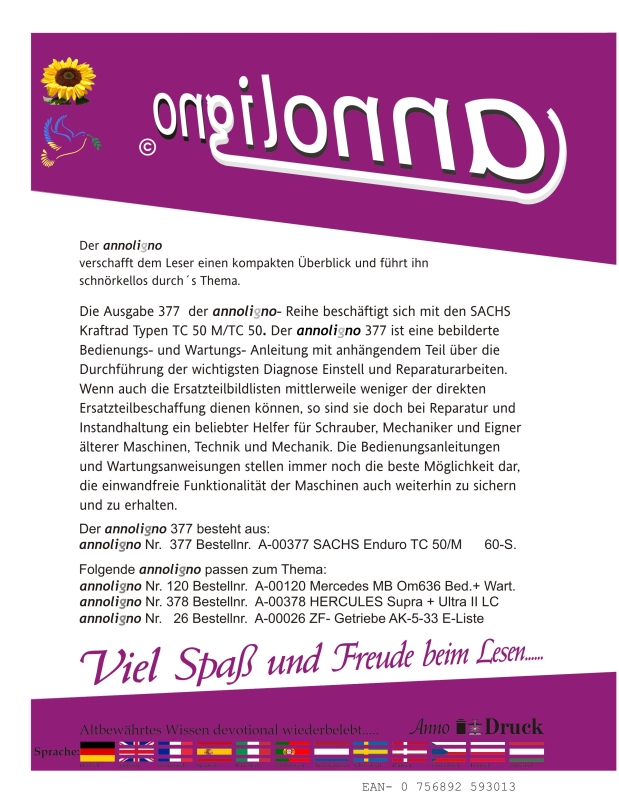 SACHS Kraftrad Typen TC 50 M/TC 50 Bild- Bedienungsanleitung & Wartungsanweisung & Selbsthilfe  - annoligno 377